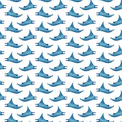 Obraz premium Manta ray wave watercolor seamless pattern isolated on white. High quality hand-drawn monochromatic illustration for notebooks, posters, wallpaper, textile, beach towel, wrapping paper and room decor