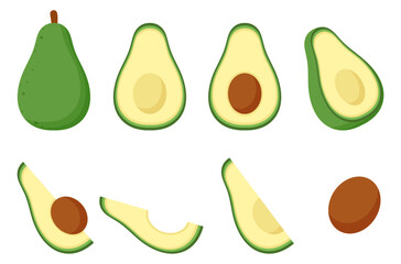 Set of whole and slice avocado food flat illustration