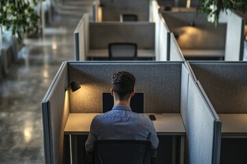 Loneliness at work, showing an employee isolated in a cubicle, feeling disconnected from colleagues or excluded from team activities