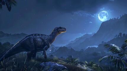 Naklejka premium A dinosaur in an area of highlands and night