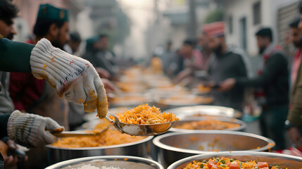 Indian men volunteer in gloved serving langar dish on the street on Baisakhi holiday, idea of spirit of mutual help