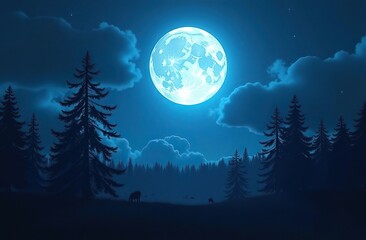 Bright glowing full moon in the sky. Mystery Moonshine. Dark blue night, evening sky. Forest, trees silhouettes on the front. Halloween mood. 3D render. Aerial landscape. Seamless loop 4K animation 