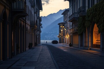Obraz premium Empty street in Piazza Vittorio, Stresa square at dawn with modern buildings and cobbled streets