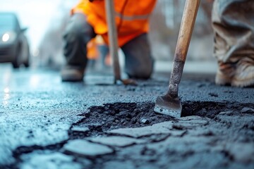 Road repair and maintenance work, with workers fixing potholes and cracks in the pavement, ensuring road safety and longevity