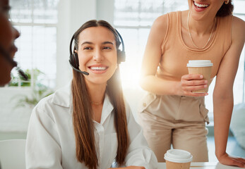 Call center, coffee or women on break in office for telemarketing or customer service. Helping,...
