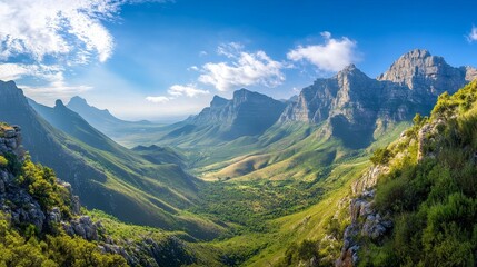Fototapeta premium A panoramic view of a valley surrounded by mountains under a blue sky with white clouds.