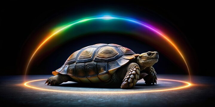 A solitary tortoise stands in a circle of light, bathed in the glow of an ethereal rainbow arch.