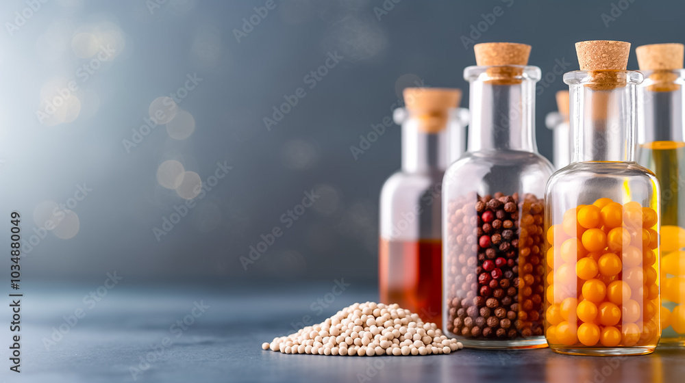 Aufkleber various spices and oils are displayed in transparent glass containers with cork stoppers on a counte