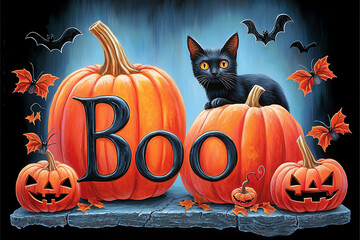 Spooktacular boo in bright orange surrounded by eerie pumpkins and a mysterious black cat