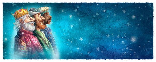 Ilustracion de los tres reyes magos de oriente, navidad cristiana