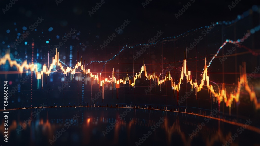 Poster abstract financial chart with glowing lines and dots on a dark background.