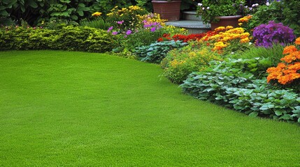 Obraz premium A lovely home with a vibrant lawn and neatly arranged bushes around the entrance, creating a picturesque and inviting setting.