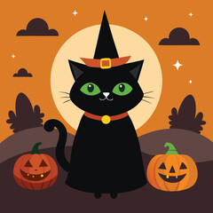 Black cat background with pumpkins and witch hat - Generative AI