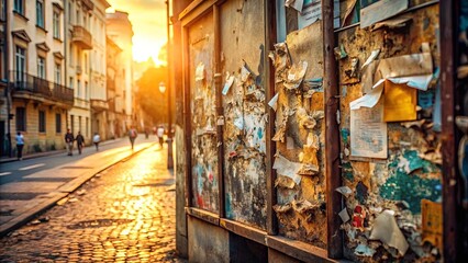 Fototapeta premium Sunset Gleams Through a City Street, Illuminating a Weathered Notice Board Covered in Layers of Torn Posters and Papers