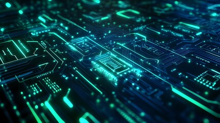 A Close-Up View of a Glowing Green Circuit Board