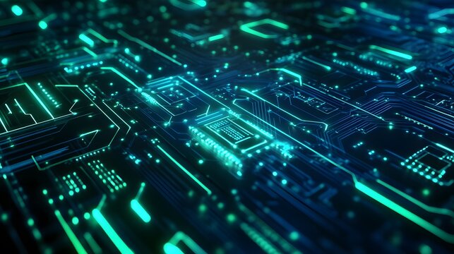 A Close-Up View of a Glowing Green Circuit Board