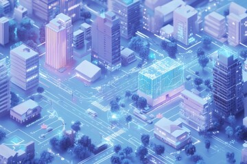 Design a high-tech cityscape where blockchain technology is integrated into everyday life, from autonomous vehicles to smart homes, highlighting the seamless interaction of IoT and blockchain networks