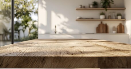 A close-up shot of a light wood table top with a blurred background of a modern kitchen.