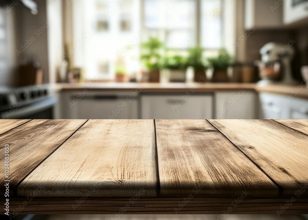 Poster a wooden table top with a blurred background of a kitchen with sunlight streaming through the window