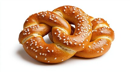 A photostock images of a baked pretzel with sesame seeds, isolated on white background, High Quality
