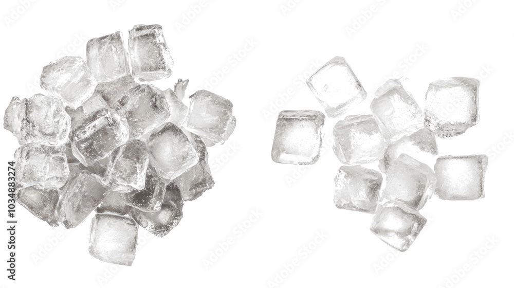Poster piles of clear ice cubes isolated on a transparent background generative ai
