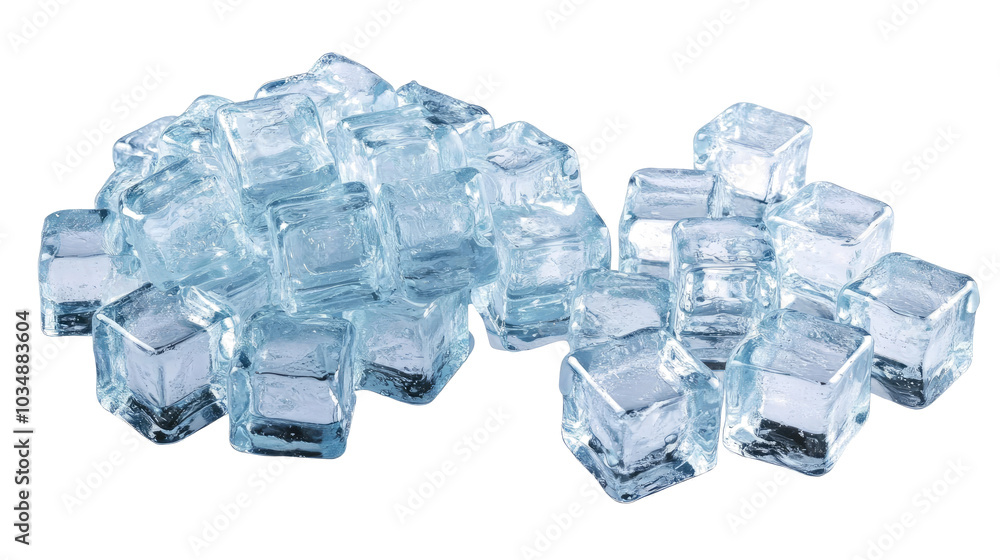 Poster piles of transparent ice cubes isolated on a transparent background generative ai