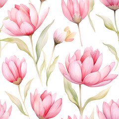 seamless pattern with pink flowers, watercolor tile