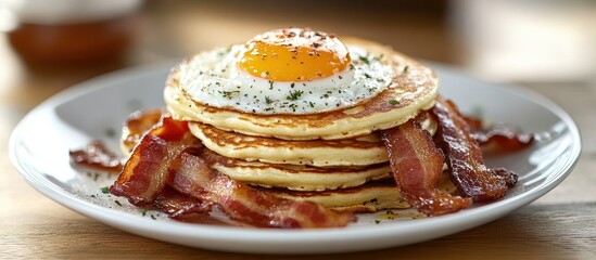 Delicious Breakfast Plate with Fluffy Pancakes, Crispy Bacon, and a Perfectly Cooked Sunny-Side-Up Egg on a White Plate