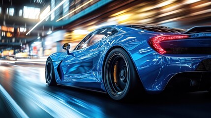 Obraz premium Blue Sports Car in Motion