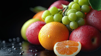macro view, adjacent fruit in nice composition, hyper realistic photo, on solid black background, cinematic. 3D render. highly detailed, high resolution for magazine.