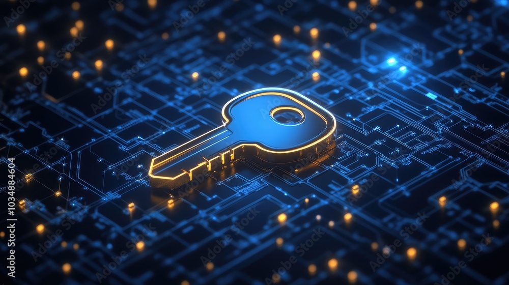 Poster 3d digital key placed over an encrypted network diagram, illustrating advanced cyber security techno