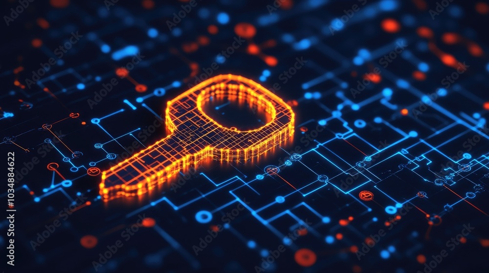 Poster 3d digital key placed over an encrypted network diagram, illustrating advanced cyber security techno