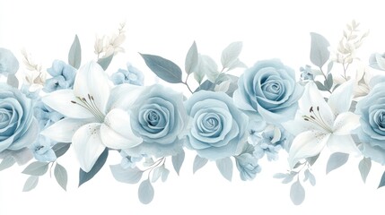 A beautiful floral arrangement featuring light blue roses and white lilies on a white background, perfect for greeting cards and wedding invitations.