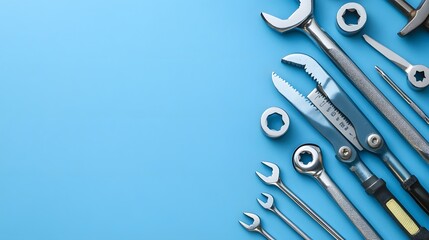 Set of tools over blue background, top view with space for text. 