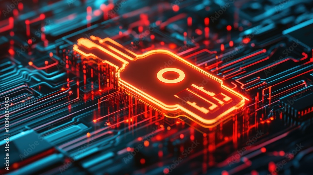 Poster a glowing digital key icon over a secure network, symbolizing advanced cybersecurity technology for 