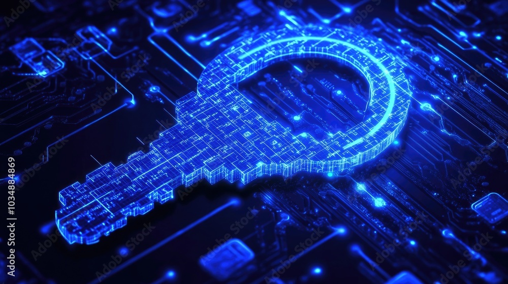 Poster a glowing digital key icon over a secure network, symbolizing advanced cybersecurity technology for 