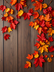 Obraz premium Autumn leaves isolated wooden background. Seasonal colorful fall collection artistic nature wallpaper. Copy space for text creating art vibrant seasonal pattern. Top view, flat lay AI generated