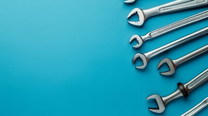 Set of tools over blue background, top view with space for text. 
