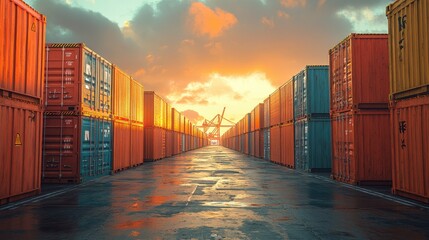 Fototapeta premium Vibrant Shipping Containers at Sunset in Industrial Port with Dramatic Sky and Reflections on Wet Ground