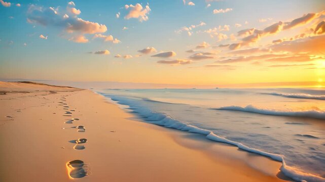 Footprints in the Sand of a Beach at Sunset, A pristine beach at dawn with footprints in the sand