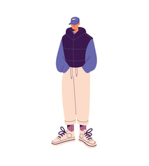 Young man in cap and warm vest standing. Person wearing male outerwear in sports style. Boy in stylish clothes. Fashion guy in trendy sneakers. Flat isolated vector illustration on white background