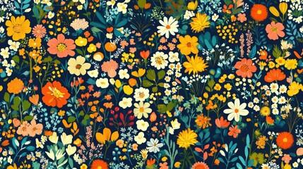 A seamless floral pattern filled with vibrant blooms in various sizes and shades, suitable for fabric, wallpaper, or digital backgrounds, adding charm to any design.