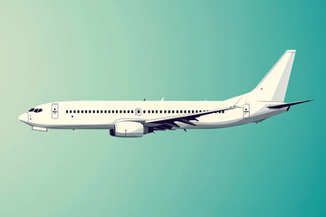 A white passenger plane is flying in the sky, in a side view, with a vector illustration style.