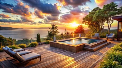 Fototapeta premium Golden Hour Tranquility on a Deck Overlooking a Waterway with a Plunge Pool and Lush Greenery