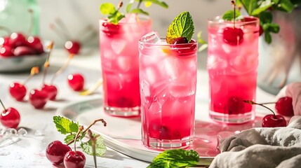 A dish with clean mint and several tall cups of magenta frozen cherry lemonade