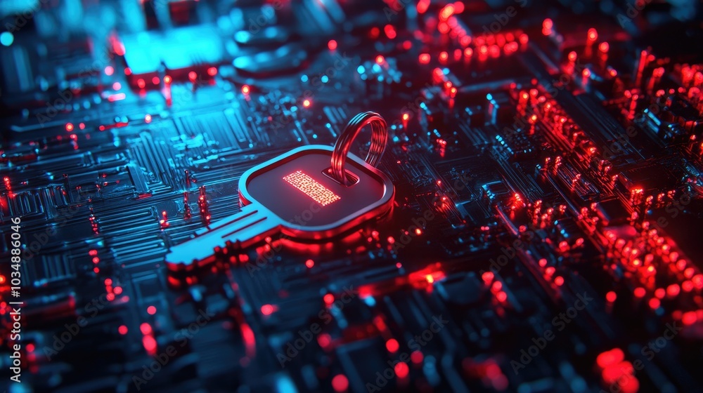 Poster close-up of a glowing digital key over a cybersecurity shield, representing advanced network protect