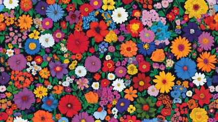 Bright and vibrant seamless floral pattern with an array of multicolored flowers, perfect for textile design, wallpapers, or artistic backgrounds.