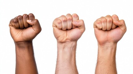 A photostock images of a group of fists raised in the air, isolated on white background, High Quality