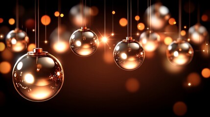 Fototapeta premium Shimmering decorative ornaments hanging against a dark background, evoking a festive atmosphere.