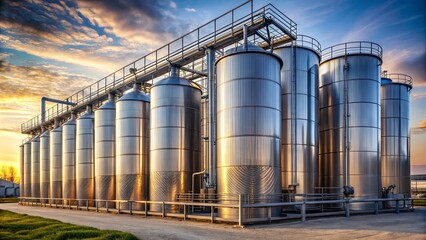 Obraz premium Industrial Silos Bathed in Golden Light, Their Reflective Surfaces Catching the Hues of a Dramatic Sunset